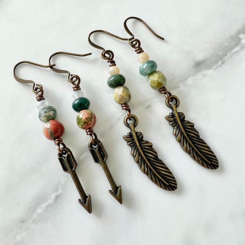 2 Pairs of Earrings Arrow Earrings Feather Earrings Brass